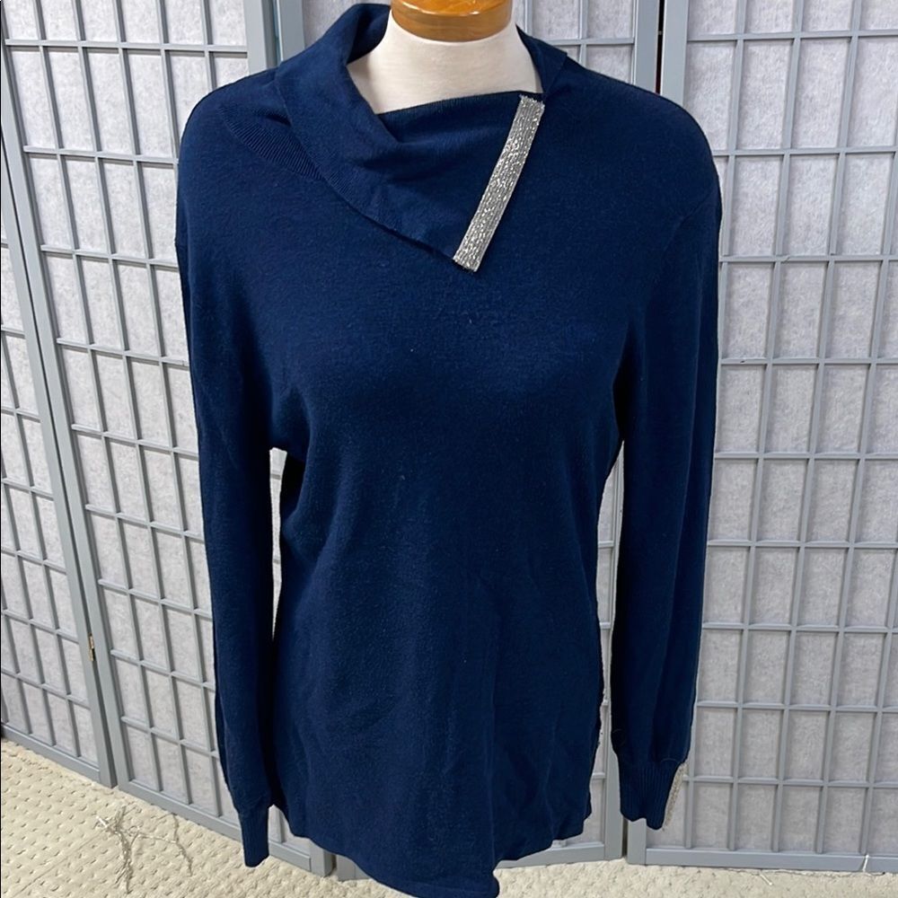 Coco Y Club Blue Turtleneck Sweater with Asymmetrical Collar, Women’s Medium